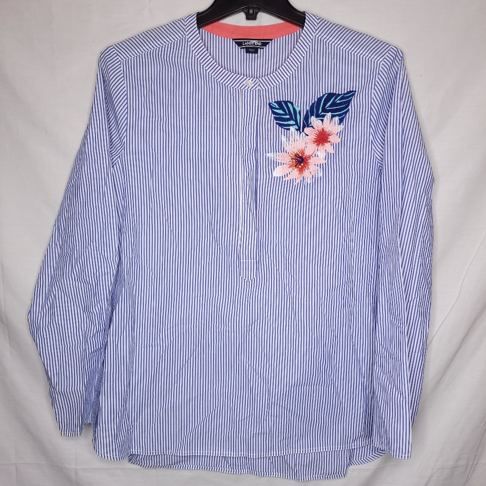 LANDS END Women's Blue/White Striped Floral Embroidered Long Sleeve Tunic Top 16